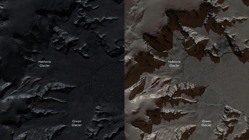 Imagens mostram a geleira Hektoria recuando rapidamente após perder enormes blocos de gelo flutuante. (Imagem: NASA/ Lauren Dauphin)