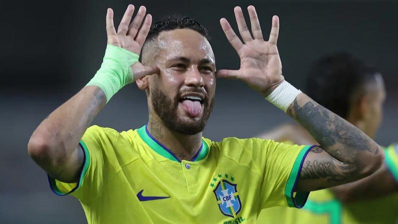 Neymar comemora o gol contra a Bolívia em setembro de 2023, o seu último pela seleção
