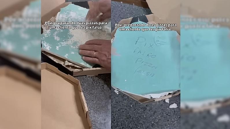 Vídeo mostra pizzaiolo montando a pizza falsa com materiais de construção