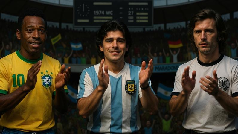Em desenho, Pelé, Maradona e Gerd Müller, jogadores históricos da Copa, aplaudem (Imagem gerada por IA)