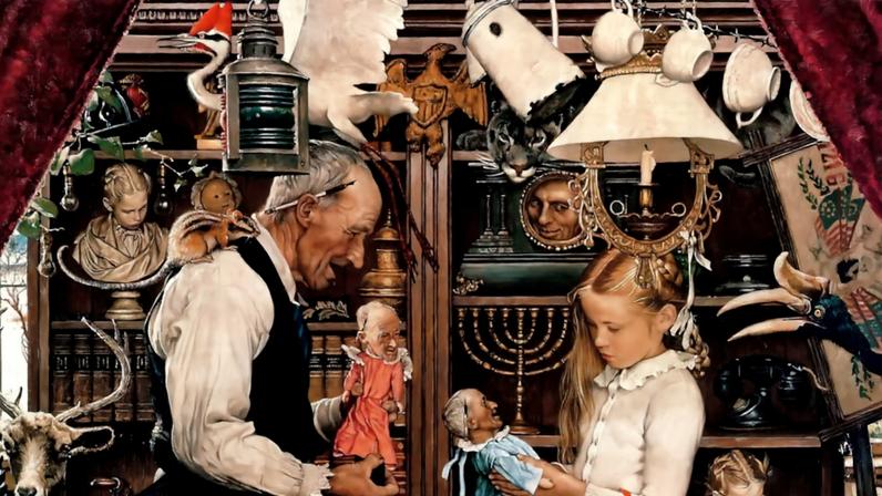 Obra 'April Fool (Girl with Shopkeeper, Curiosity Shop)', de Norman Rockwell. Foto: Norman Rockwell Museum