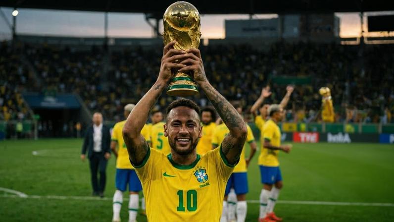 Neymar com a taça do hexa: sonho do título passa por cuidado com a panturrilha e com o joelho