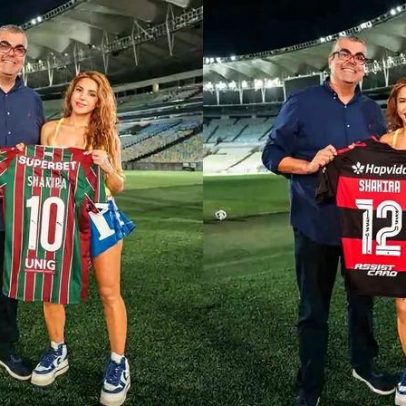 Shakira visita o Maracanã e posa com camisas do Flamengo e Fluminense