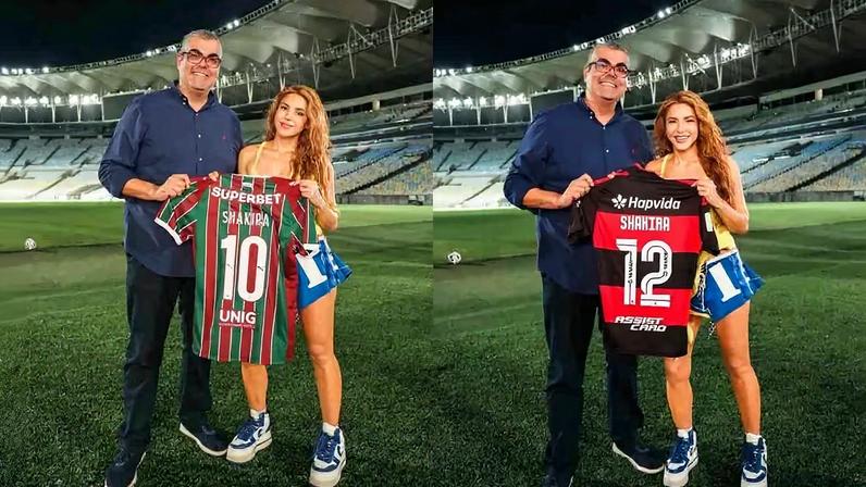 Shakira posa com as camisas de Flamengo e de Fluminense no Maracanã