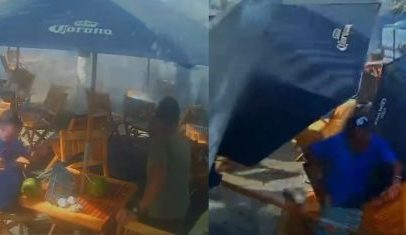 Onda invade quiosque no Mirante do Leblon no RJ, assustando clientes
