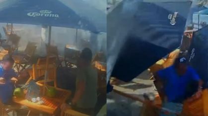 Imagens de câmera de segurança registram o momento em que a onda atinge o quiosque no Mirante do Leblon e objetos são arrastados pela força do mar durante a ressaca.