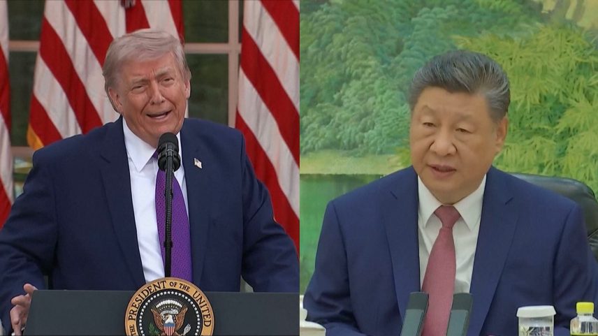 Donald Trump discursando em púlpito presidencial à esquerda e Xi Jinping sentado em reunião formal à direita.