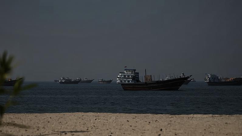 Barcos de carga alinhados no mar calmo sob céu nublado, vistos a partir de uma faixa de areia