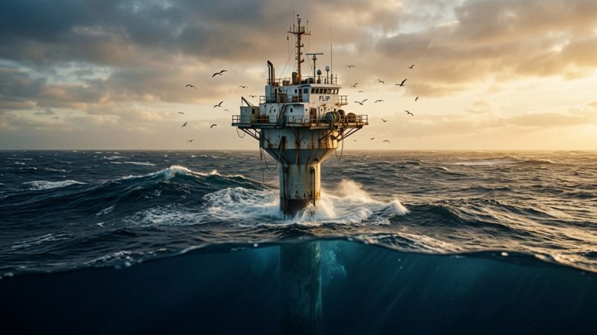 O resultado final coloca 91 metros submersos atuando como um imenso pêndulo de estabilização, enquanto apenas 17 metros permanecem visíveis acima da superfície