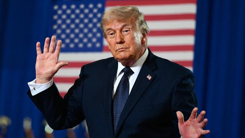SUFFERN NEW YORK MAY 22 U.S. President Donald Trump dances on stage after delivering remarks during a campaign and...