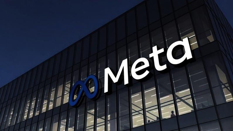 Foto do prédio sede da Meta com a logo da empresa