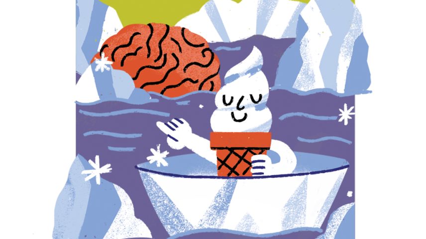 Ilustração cômica de uma casquinha de sorvete navegando numa canoa por entre icebergs.