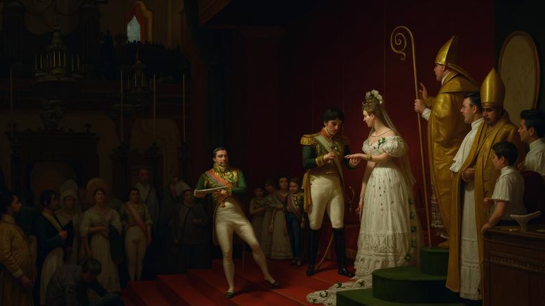 Imagem da tela pintada por Jean-Baptiste Debret na ocasião do casamento de Pedro de Alcântara Francisco António João Carlos Xavier de Paula Miguel Rafael Joaquim José Gonzaga Pascoal Cipriano Serafim de Bragança e Bourbon (D. Pedro I) e Amélia Augusta Eugénia Napoleona de Beauharnais.