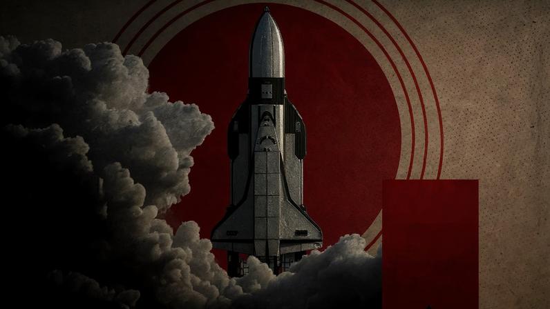 Colagem com ônibus espacial soviético Buran decolando, fumaça preta, um sol vermelho e um selo postal da Letônia com o brasão da URSS.