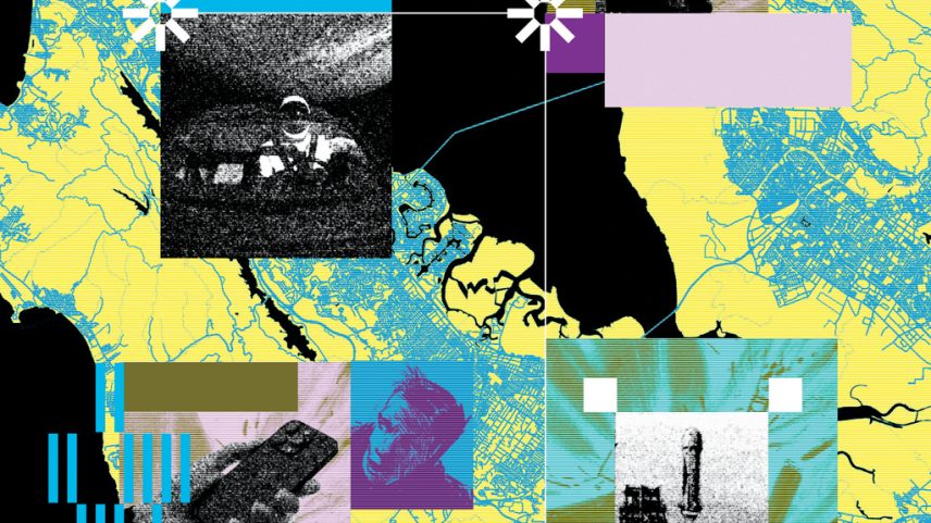 Colagem digital com mapa urbano amarelo e azul, imagem granulada de astronauta, formas geométricas coloridas.
