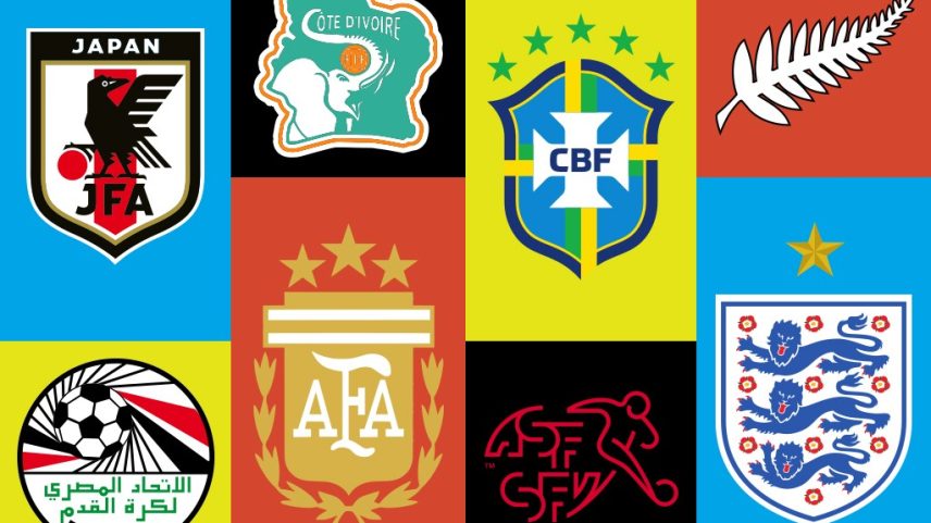 Oito escudos de federações de futebol em fundo colorido: Japão, Egito, Costa do Marfim, Argentina, Brasil, Nova Zelândia, Suíça e Inglaterra.