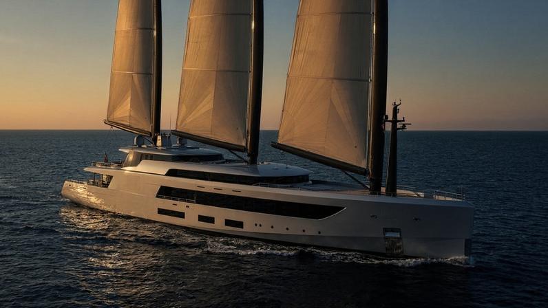 Mastros de 100 metros dominam o casco do Sailing Yacht A
