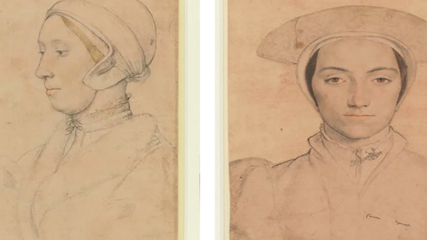 Two charcoal drawings by Hans Holbein. Left, Anne Boleyn, and right, an unidentified woman, both. ca. 1535-36.