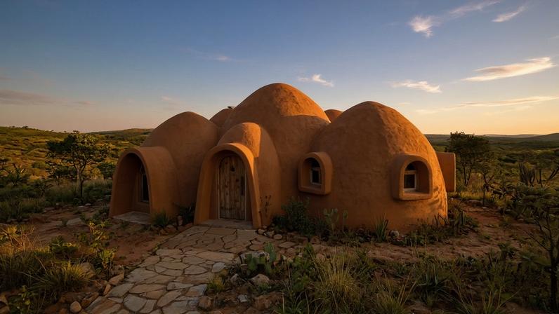 Casa de superadobe em formato de domo sob a luz dourada do Cerrado
