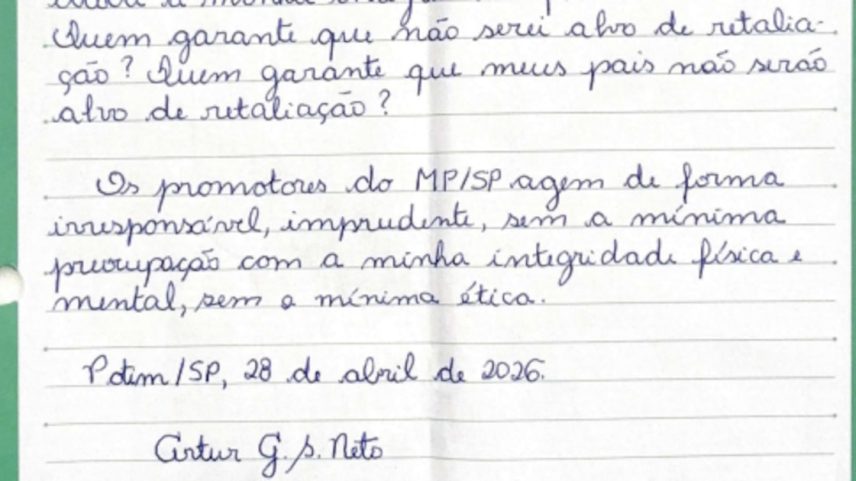Preso em agosto de 2025, Artur Gomes da Silva Neto afirma em carta que a negociação de sua delação com o MP paulista foi um ‘teatro’ e que investigadores usaram suas revelações para embasar investigações; MP diz que acusado ‘faltou com a verdade ao longo das tratativas, ocultou fatos criminosos relevantes’ e não declarou R$ 100 milhões em bitcoins
