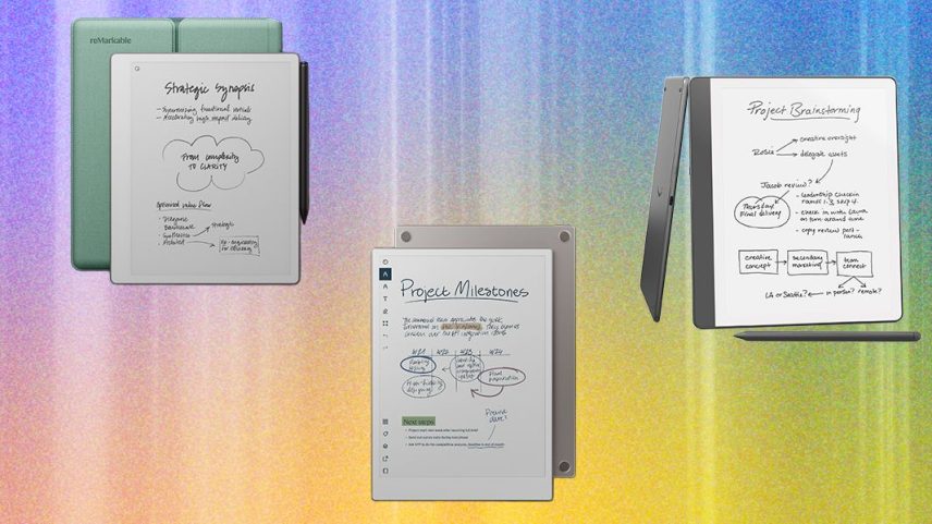 Overhead view of digital notebook with handwritten scribbles on the screen and a stylus on top