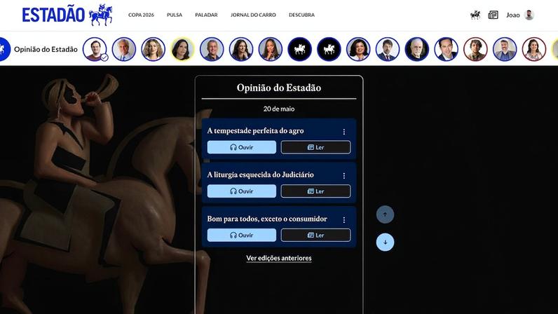 Layout oferece praticidade ao funcionar como uma timeline; há ainda funções de áudio para editoriais e vídeos dos nossos principais colunistas. Crédito: Mariana Cury/ Estadão