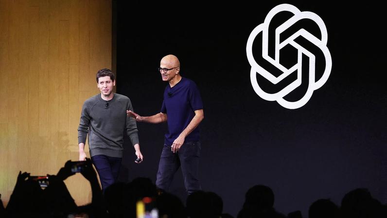 SAN FRANCISCO CALIFORNIA NOVEMBER 06 Microsoft CEO Satya Nadella greets OpenAI CEO Sam Altman during the OpenAI DevDay...