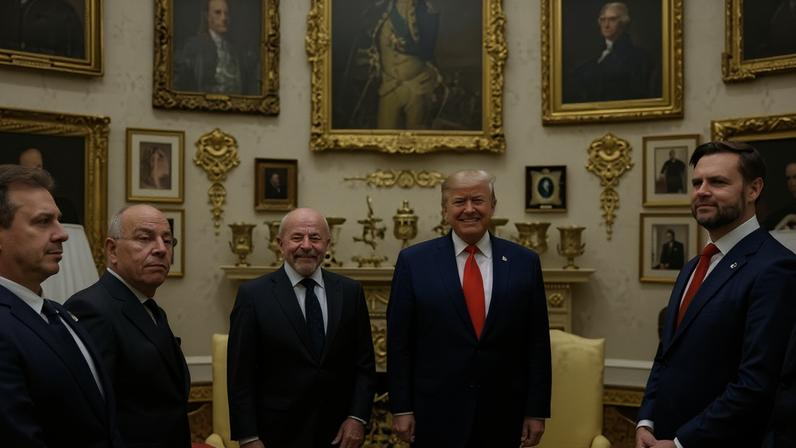 Donald Trump, Lula e líderes políticos durante encontro no Salão Oval da Casa Branca