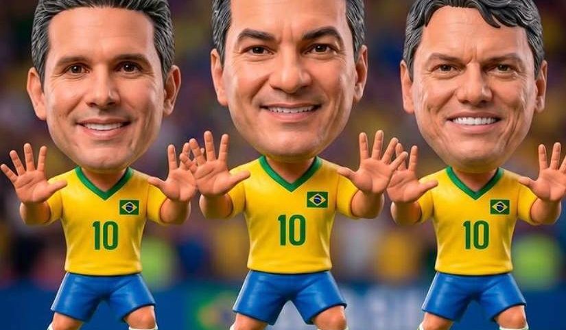 Hugo Motta, presidente da Câmara, o presidente do Republicanos, Marcos Pereira, e o governador de São Paulo, Tarcísio de Freitas (Republicanos), em versão 'minicraques'