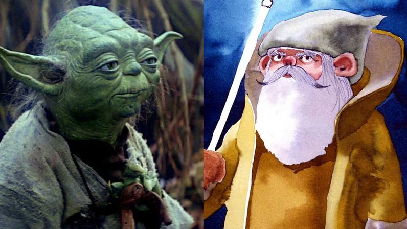 O Yoda que a gente conhece (esq) e o Yoda que foi desenhado na pré-produção