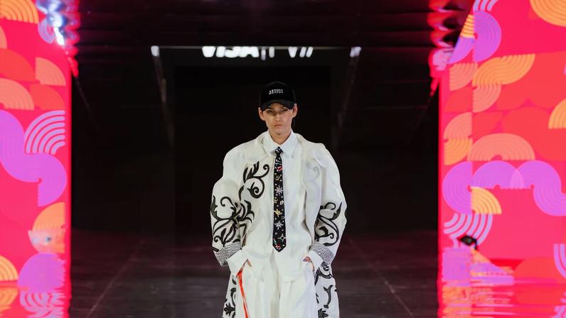 A model presents a look for Saken Zhaksybayev’s brand Zhsaken at Almaty Fashion Week in Almaty, Kazakhstan, in April 2026.