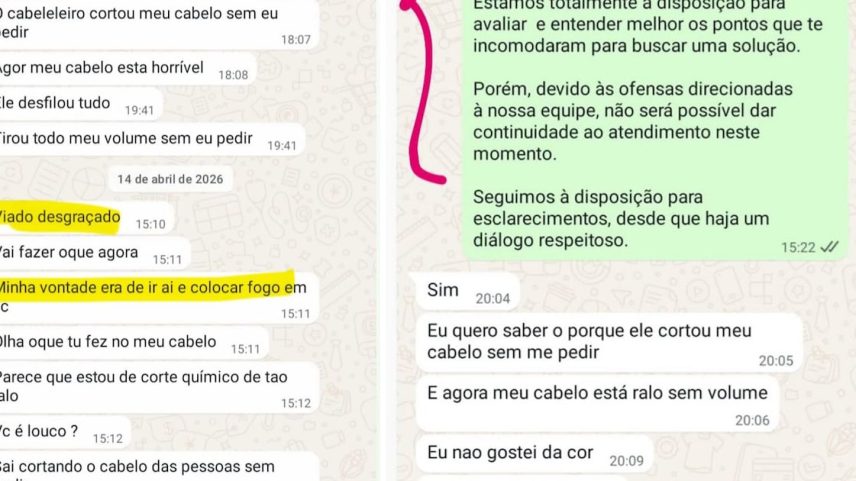 Conversas divulgadas nas redes mostram ofensas feitas pela jovem; na quarta, ela invadiu o salão de beleza na Barra Funda e atacou o profissional alegando que o corte feito a deixou ‘parecendo o cebolinha’