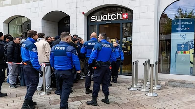 Clientes hacían cola frente a una tienda Swatch de Ginebra con la vigilancia de agentes de policía, el pasado 16 de mayo.