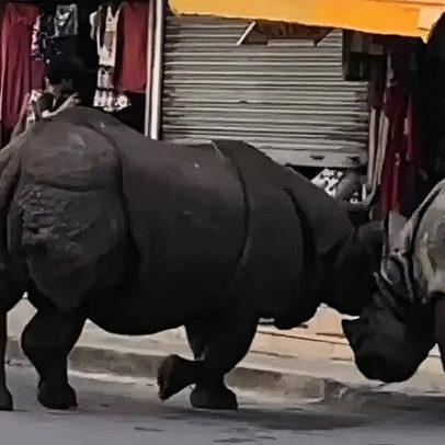 Rinocerontes brigam na rua no Nepal e assustam turistas; vídeo