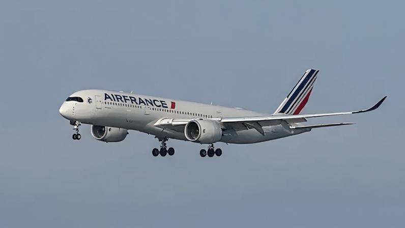 Getty Images A large white plane flies in the blue sky with the words "Air France" written on the side of it