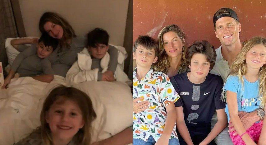 Gisele Bündchen com os filhos; a modelo ao lado do ex-marido, Tom Brady
