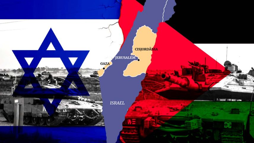 Colagem mostra bandeiras de Israel e Palestina sobrepostas ao mapa da Cisjordânia - Metrópoles