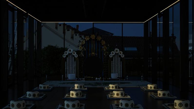 O terraço para práticas espirituais chamado Templo do Gongo, no Deque Galático, preparado para uma sessão de meditação
