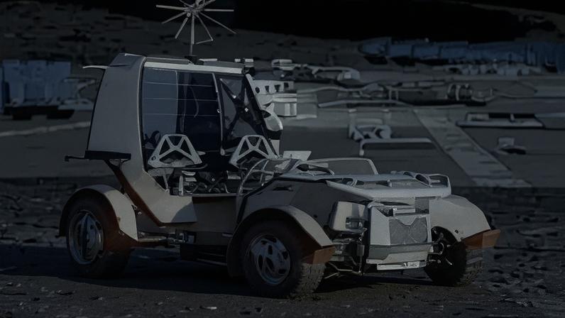 Left, a mockup of an astronaut on a space rover. Right, the rover before a moon base.