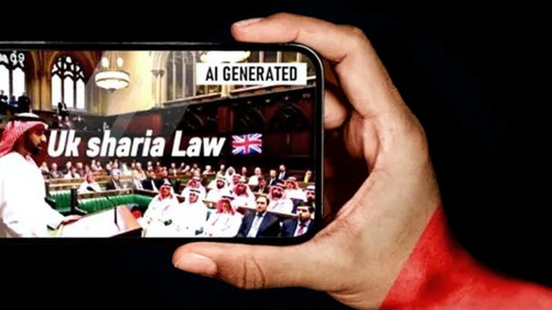 BBC A composite graphic shows a hand holding a phone with an AI-generated image of a man in traditional Islamic clothing, including a red-and-white headdress, addressing the UK Parliament, with several others in similar clothing sitting on the green benches. The video has a caption saying "UK Sharia Law".