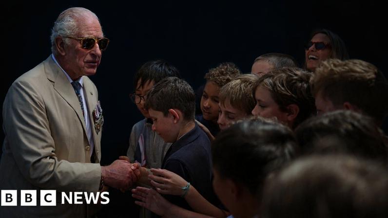 King Charles III in sunglasses, wearing a beige suit with military medals. He is shaking hands with a group of children. Adults smile and take photographs in the background.