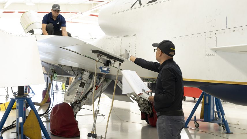 NASA’s X-59 quiet supersonic research aircraft undergoes maintenance inside Hangar 4826 at NASA’s Armstrong Flight Research Center in Edwards, California, on Feb. 24, 2026.