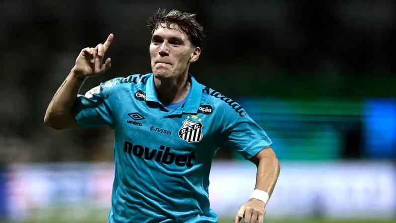 Rollheiser comemora seu gol pelo do Santos contra o Palmeiras Campeonato Brasileiro 2026 — Foto: Marcello Zambrana/AGIF