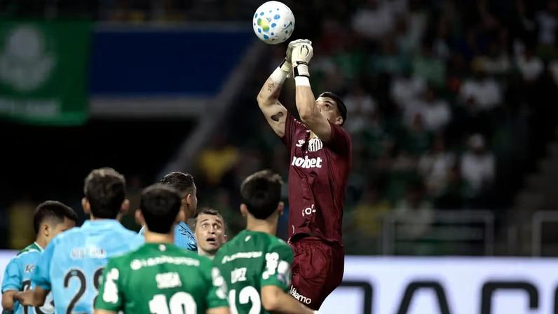 Gabriel Brazão, goleiro do Santos, no clássico contra o Palmeiras — Foto: Marcello Zambrana/AGIF