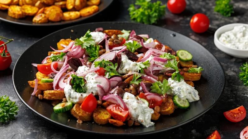 Salada morna com batata dourada e lentilha
