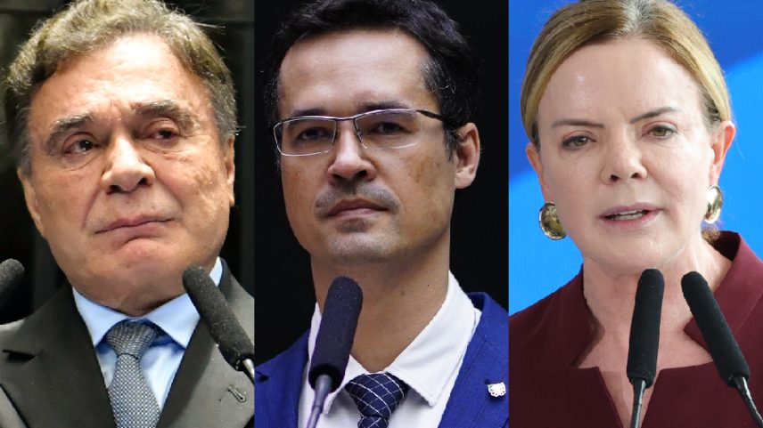 O ex-senador Álvaro Dias (MDB); o ex-deputado federal Deltan Dallagnol (Novo); e a ex-ministra das Relações Institucionais, Gleisi Hoffmann (PT)