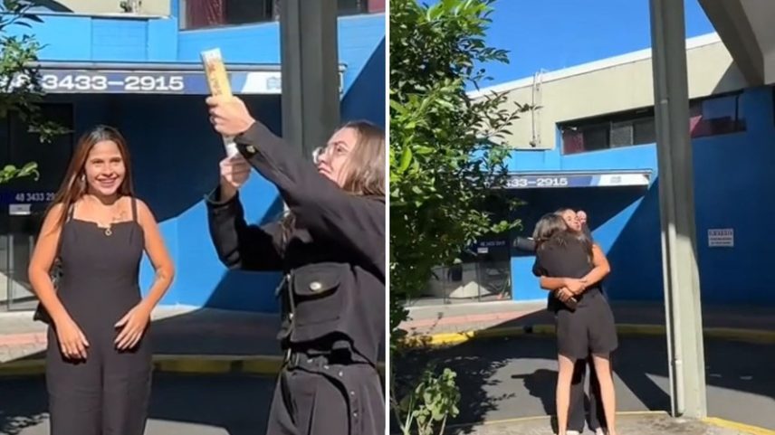 Mulher termina relacionamento tóxico e é recebida com festa pela melhor amiga em rodoviária — Foto: Reprodução/ Divulgação