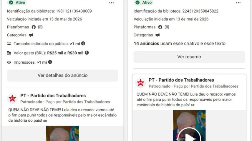 Informações da Meta sobre publicações pagas feitas pelo PT em redes sociais sobre o caso Master — Foto: Reprodução/Meta