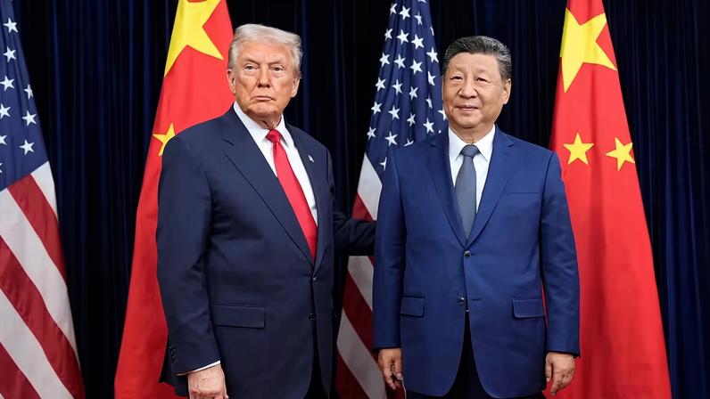 O presidente Donald Trump, à esquerda, e o presidente chinês Xi Jinping posam antes da reunião de cúpula no Aeroporto Internacional de Gimhae, em Busan, Coreia do Su — Foto: Foto AP/Mark Schiefelbein