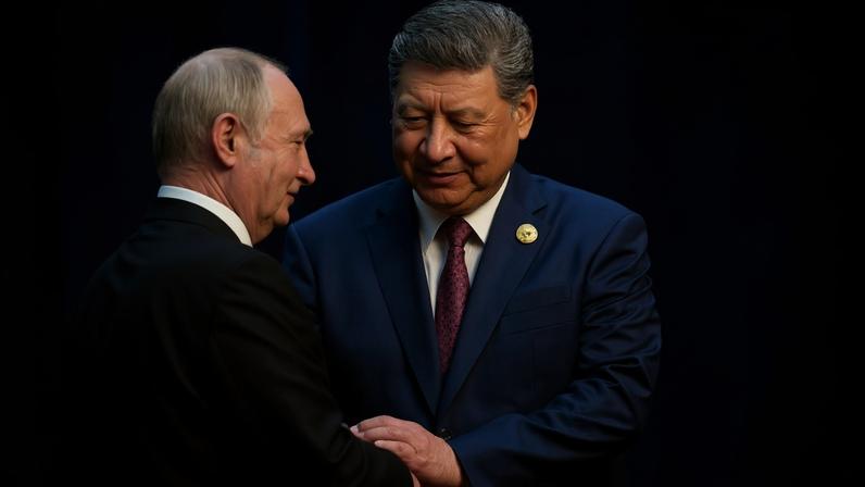 O presidente russo, Vladimir Putin (à esquerda), e o presidente da China, Xi Jinping, se cumprimentam em Tianjin, China, em 31 de agosto de 2025.